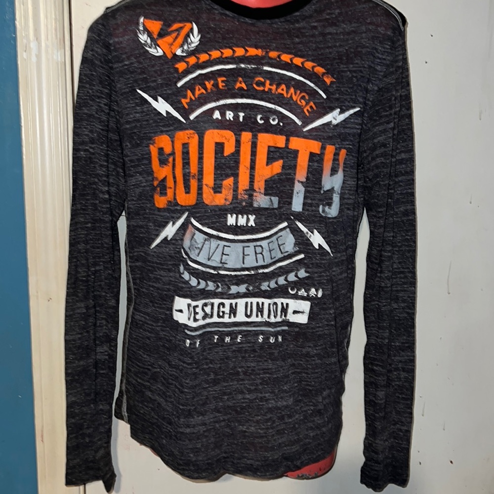 Society Shirt. Long Sleeved Society Shirt. Black and Orange Shirt. Size Small